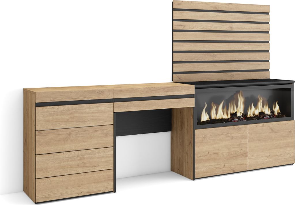 Schminktisch, 234x35x145 cm, mit Schublade, Elektrokamin XXL, Kommode mit Schubladen, Lamellenwand Holz, Eiche farbe