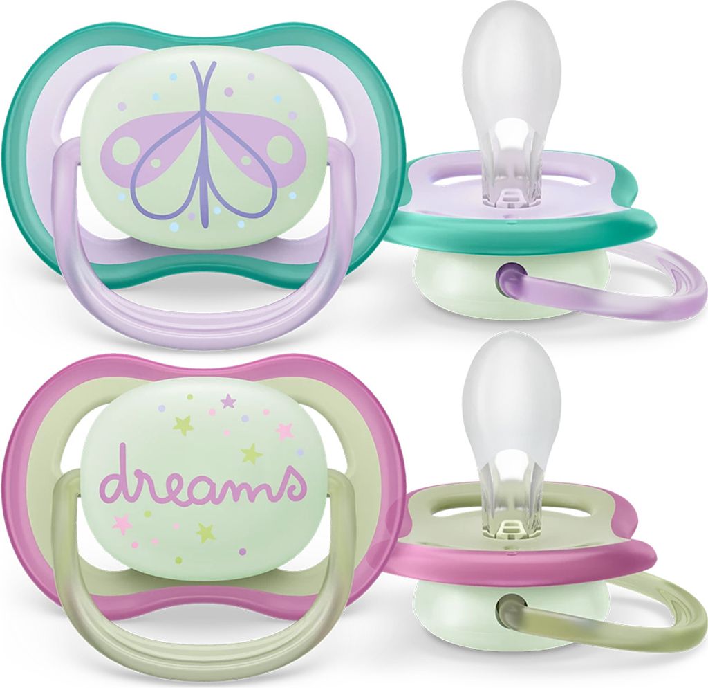 A collage of two Philips Avent pacifiers, each with a different design.