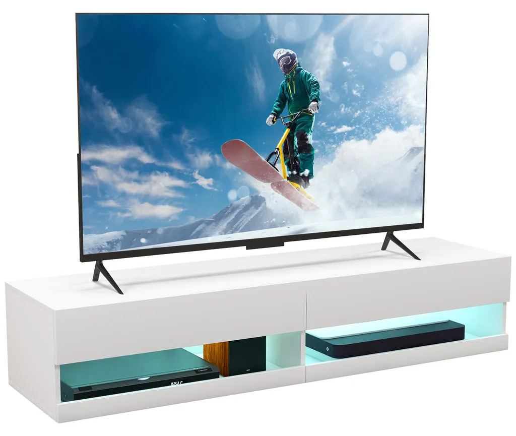 Meuble TV suspendu bois anti-poussière avec passe-câbles discrets