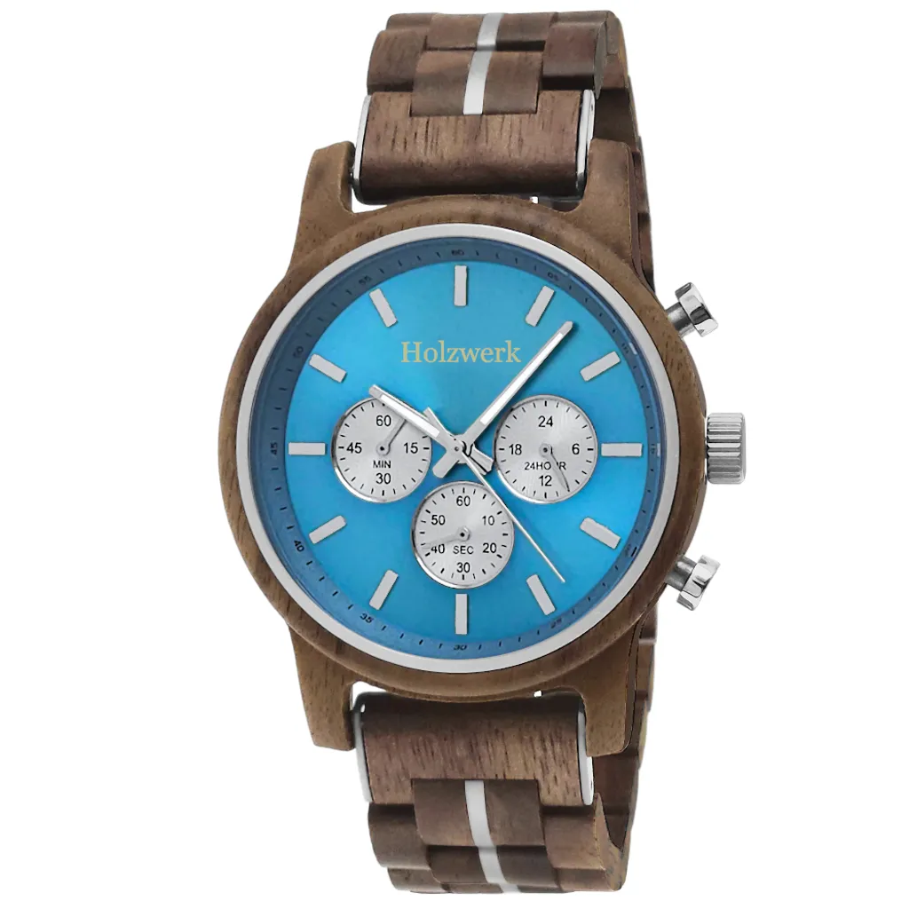 Montre chronographe SOLTAU pour homme en bois de noyer brun et bleu