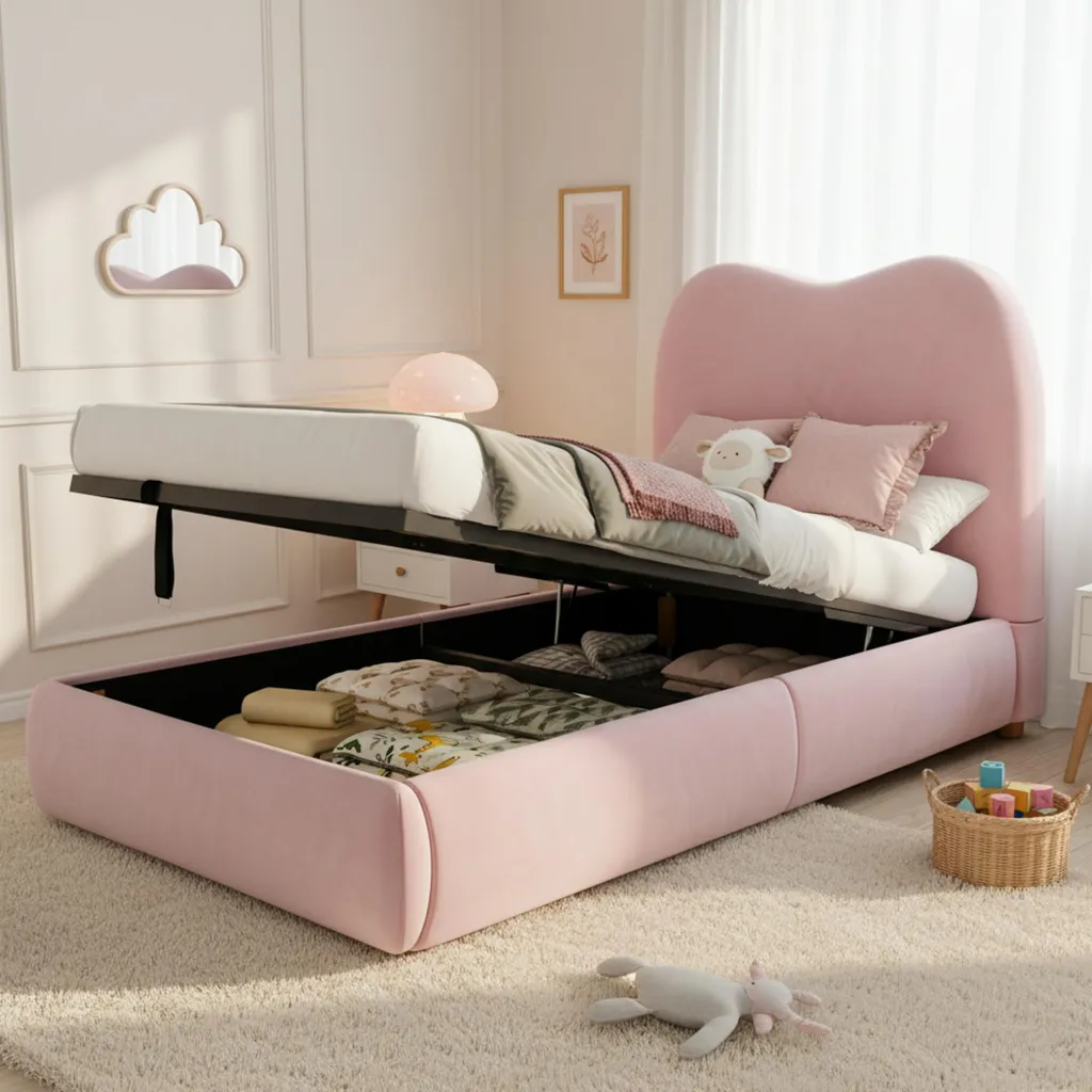 Lit Coffre Enfant 90x200 cm OKWISH avec Rangement Velours Rose