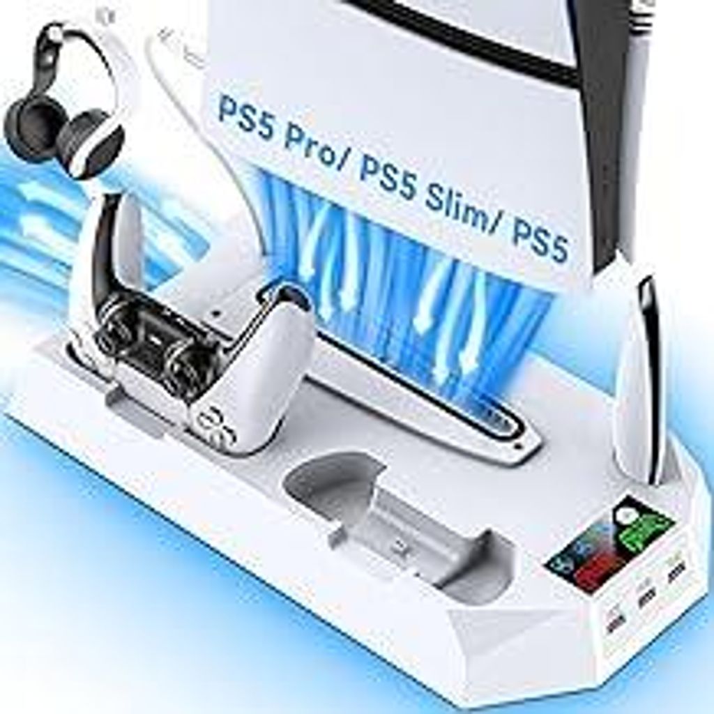 PS5/PS5 Pro Ständer mit 3 stufig PS5 Pro Lüfter und extra 3 USB Anschlüsse, PS5 Standfuß mit PS5 Controller Ladestation & LED Anzeige, PS5 Pro ...