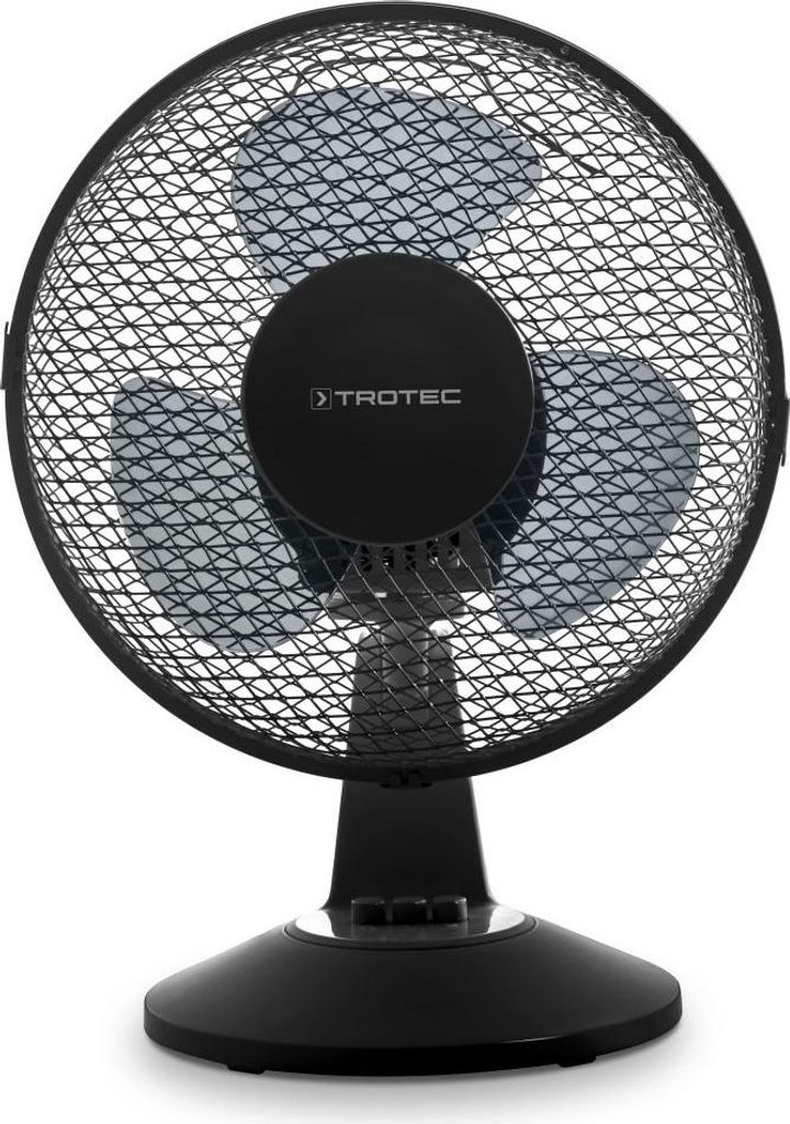 A black table fan with three blades and a mesh grill.