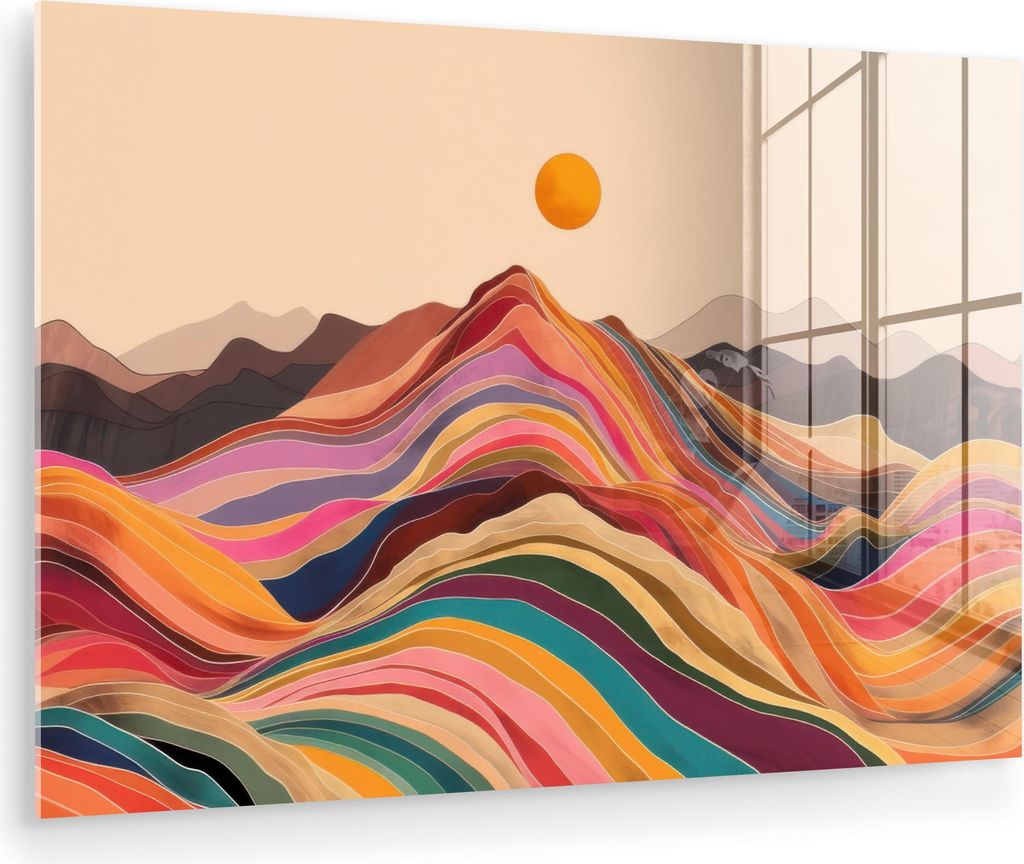 MuchoWow Glasbilder - Bilder auf Wandbild - Foto auf Glas Sonne - Bunte Landschaft - Berge 90x60 cm Wanddekoration aus Glas - Acrylglasbild - Acryl...