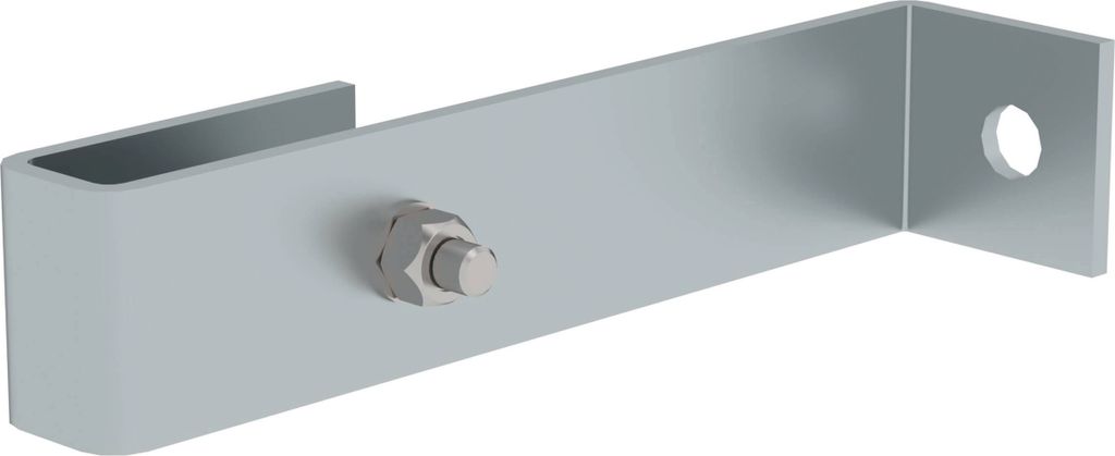 A single, galvanized steel bracket with a U-shaped end and a right-angled extension with a hole, attached by a bolt and nut.