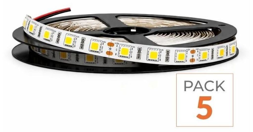 5er-Pack – LED-Lichtband 12 V, 5 m, 5050, IP20, 60 LEDs/m – Warmweiß 2300 K – 3500 K