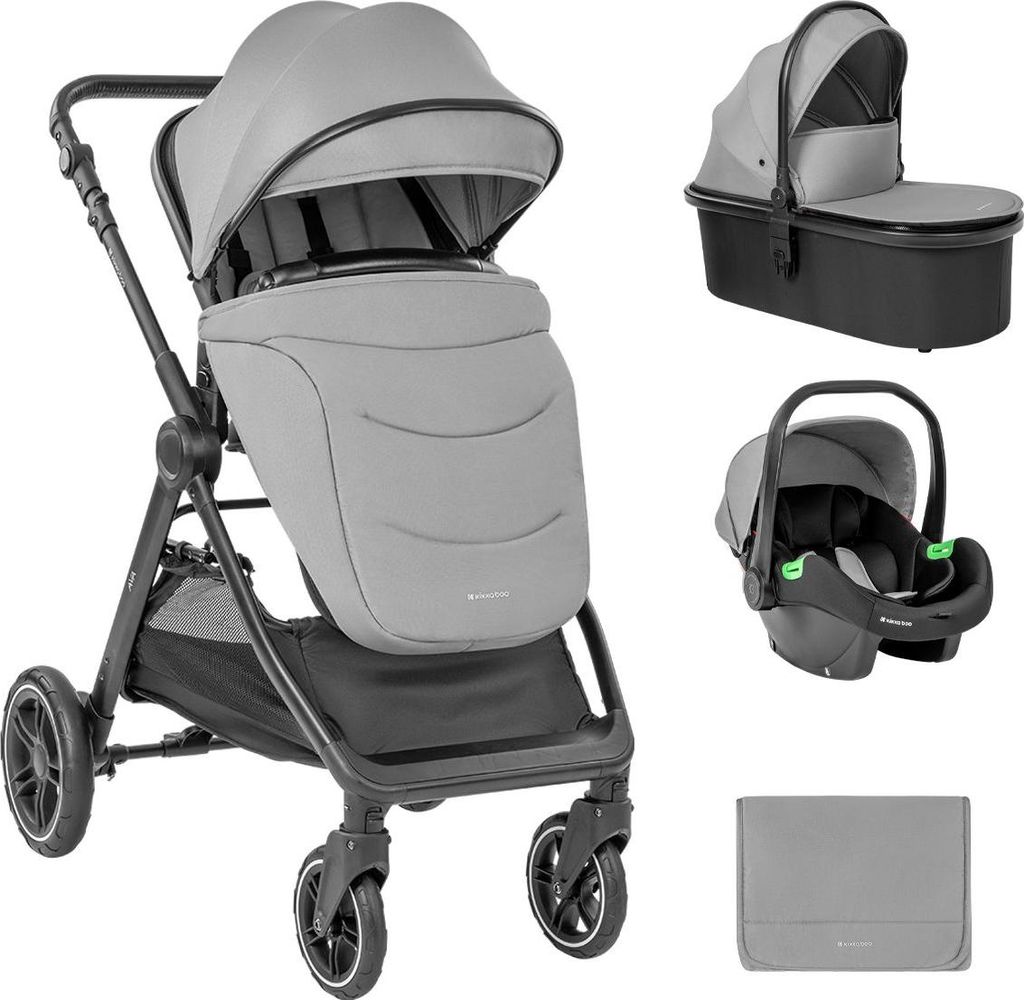 Kikka boo Kombikinderwagen Ava 3 in 1 Babywanne, Babyschale, Gummiräder, Tasche grau