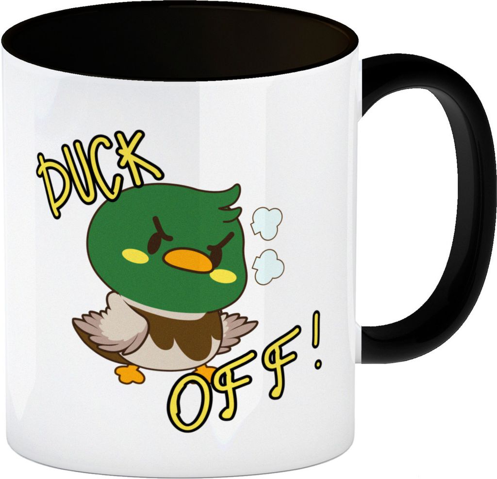 Enten Kaffeebecher in schwarz mit Spruch DUCK OFF!