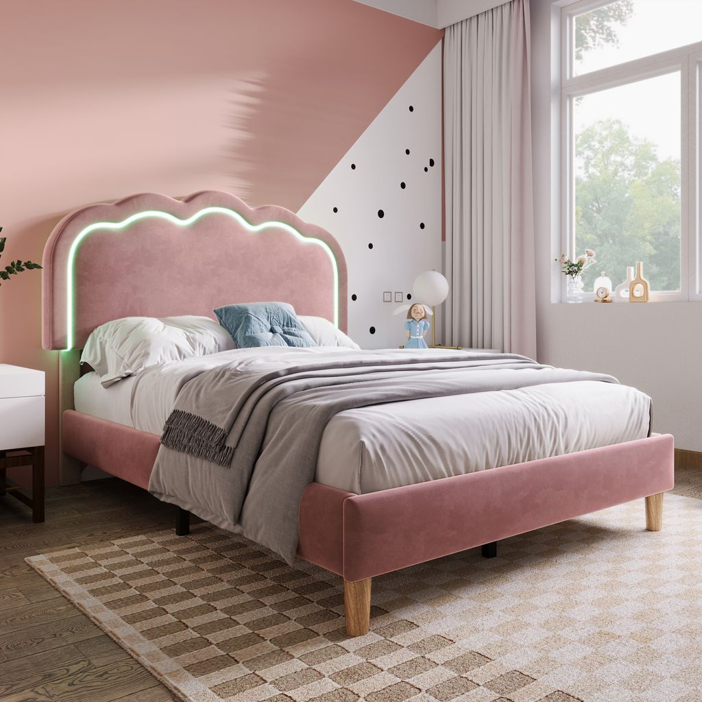 Flieks Polsterbett 90x190cm mit LED & Lattenrost, Jugendbett Kinderbett mit Verstellbarem Kopfteil, Einzelbett Holzbett Klassisches Bett, Samt, Rosa