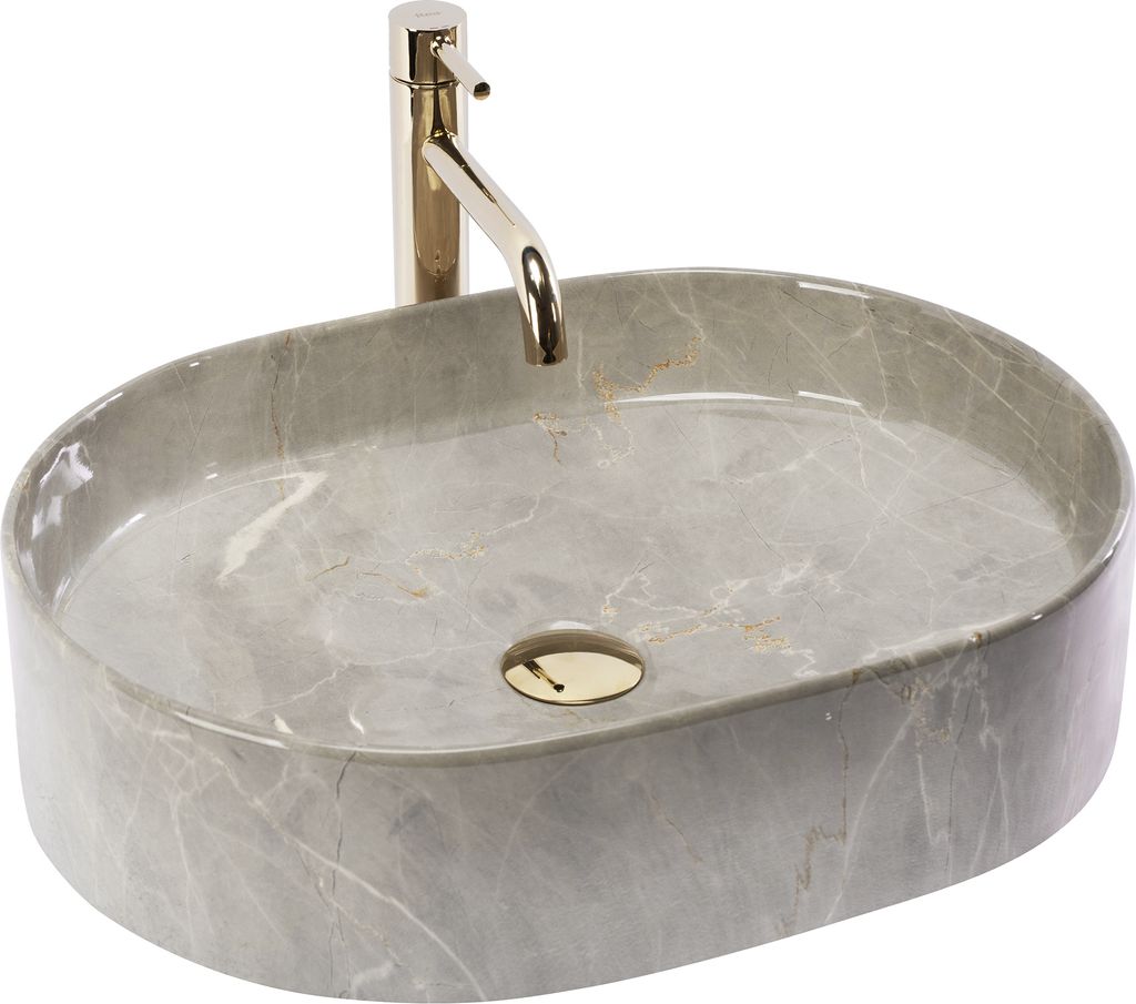 A grey oval basin with a gold drain and a gold faucet against a white background.