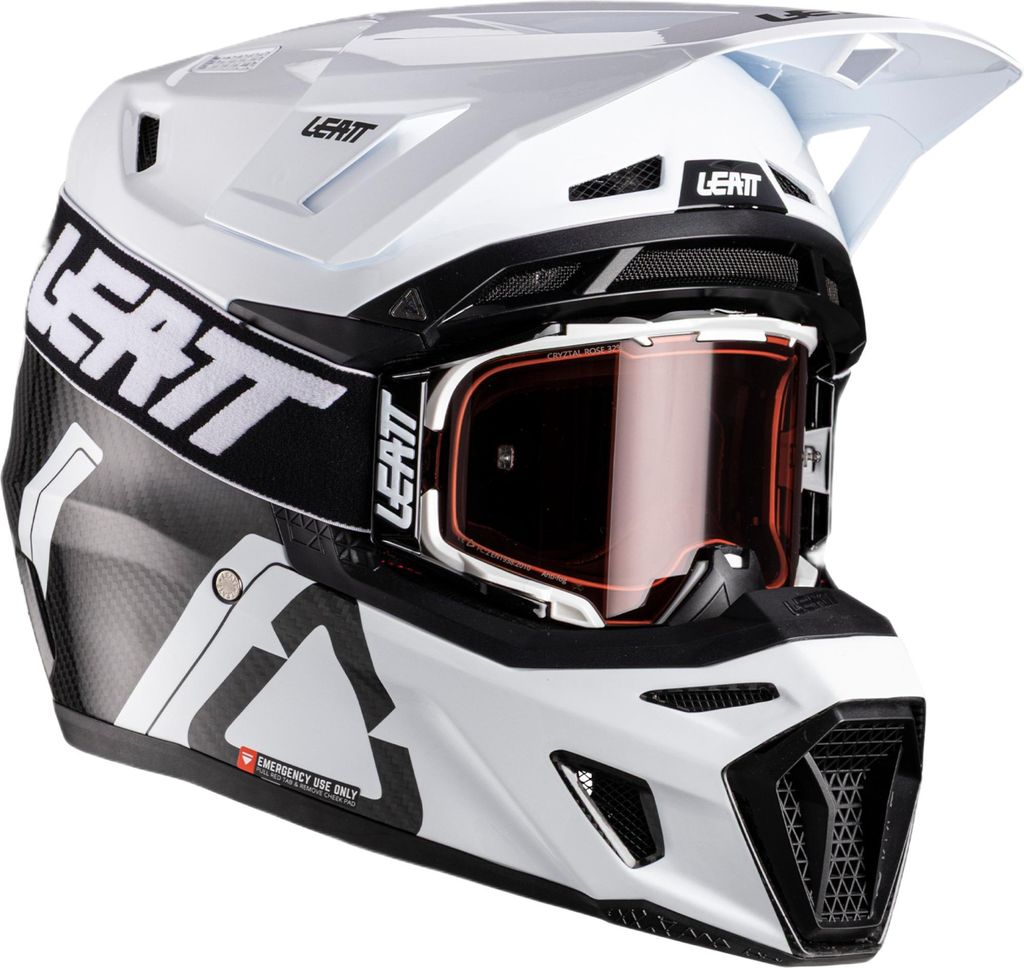 A white and black motocross helmet with orange tinted goggles, presented against a white background.