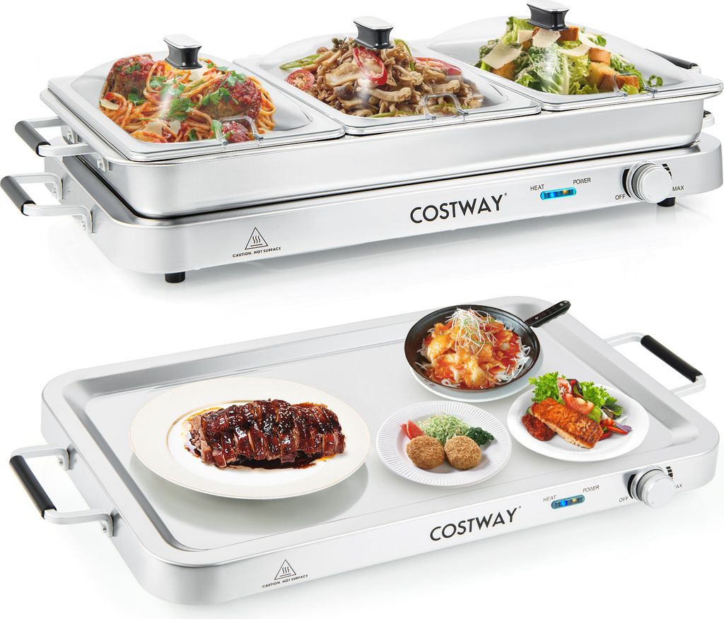 COSTWAY 3in1 Warmhalteplatte 450W elektrisch, Wärmebehälter mit Temperaturregler bis 150°C, Speisewärmer 9L Edelstahl