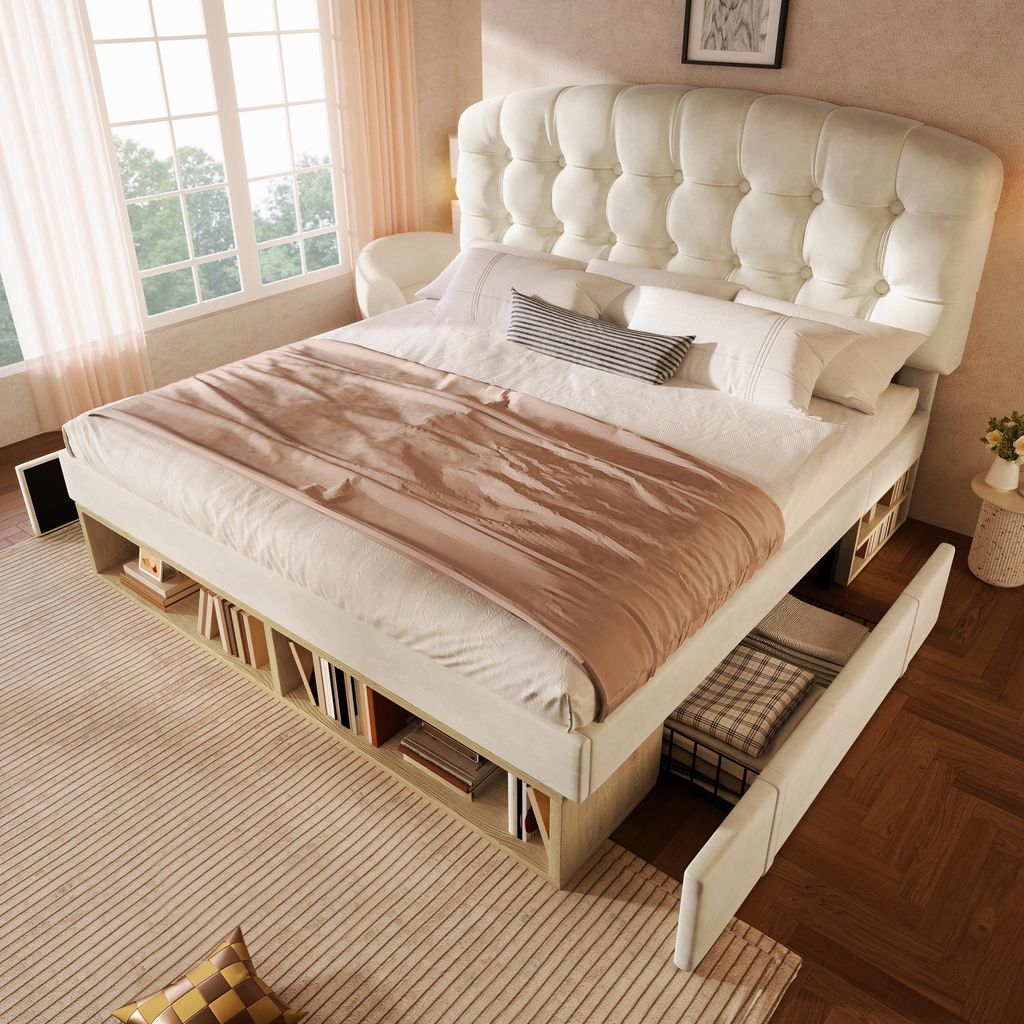 Zerbaco Polsterbett 140x200 cm, Doppelbett Samt Beige mit Lattenrost, gebogenem höhenverstellbarem Kopfteil, Schubladen und Stauraum, Ohne Matratze