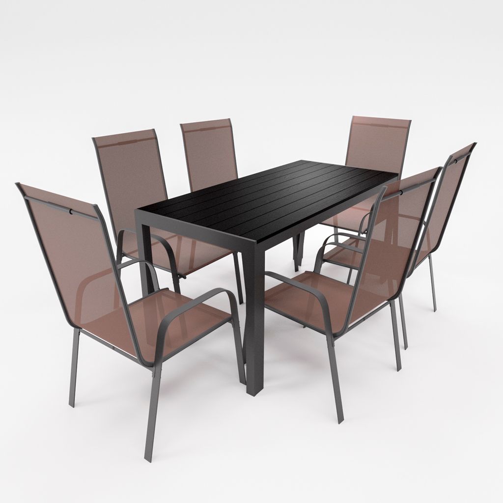 Gartenmöbel Set Alu Tisch 7-tlg. 6x Stapelsessel Essgruppe Sitzgruppe Gartenset schokobraun