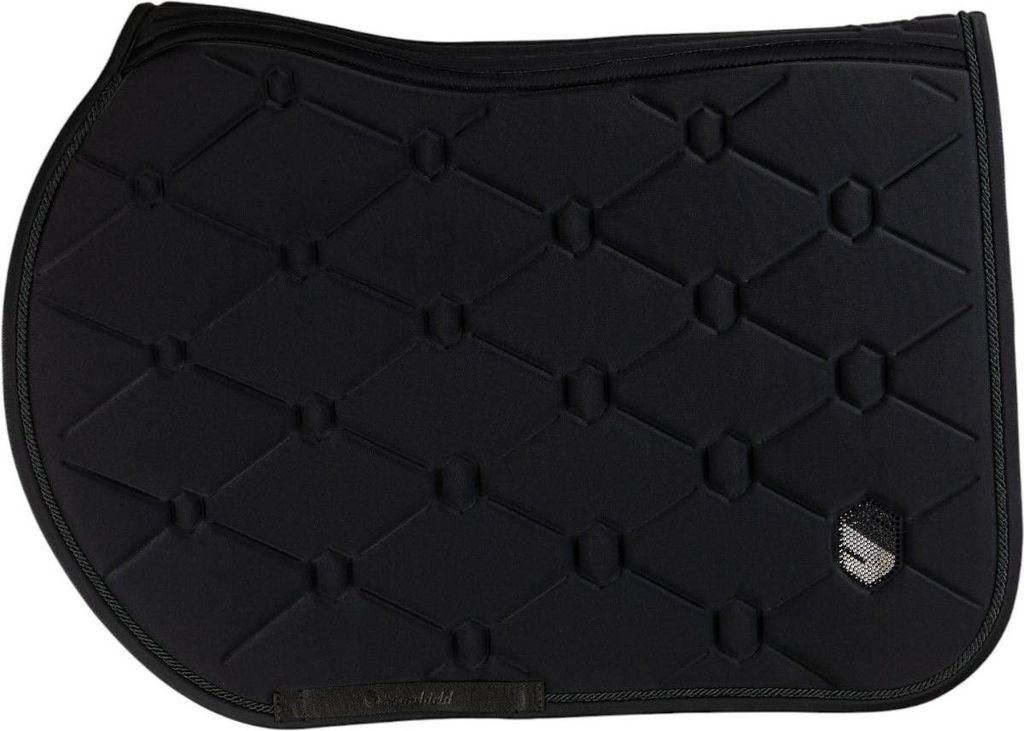 A black saddle pad with a diamond-shaped quilted pattern and a small logo on the right side.