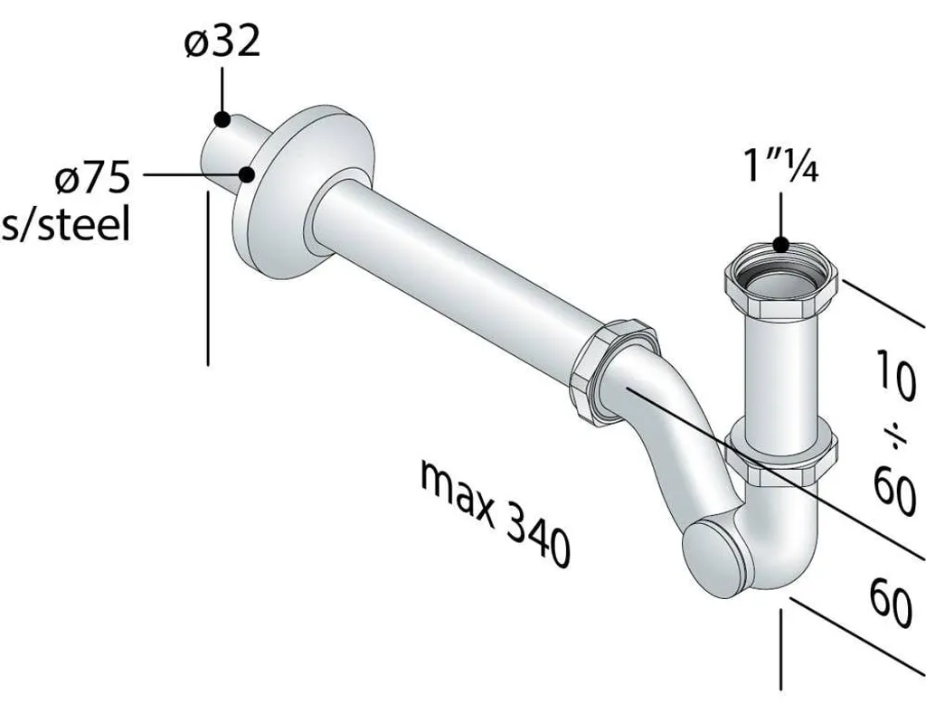 Siphon laiton chromé 1"1/4 avec regard latéral pour bidet et lavabo Ø 32