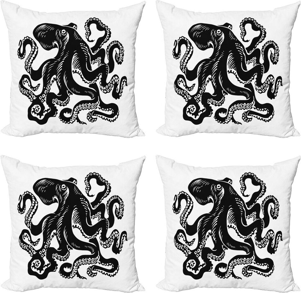 ABAKUHAUS Tintenfisch Kissenbezug Set (4 Stück), Monochrome Tier Sketch, Moderner Doppelseitiger Digitaldruck, 60 cm x 60 cm, Weiß und Dunkelgrau