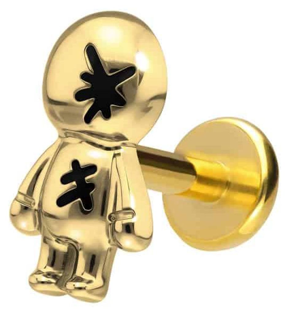 Ohrpiercing, Nasenpiercing Titan Labret mit Push Fit PUPPE Gold Stablänge: 6mm | Stabstärke: 1,2mm