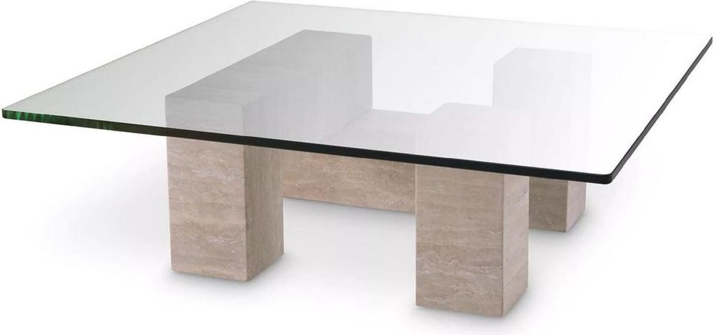 Casa Padrino Luxus Travertin Couchtisch Beige 100 x 100 x H. 32 cm - Quadratischer Naturstein Wohnzimmertisch mit Glasplatte - Wohnzimmer Möbel - ...