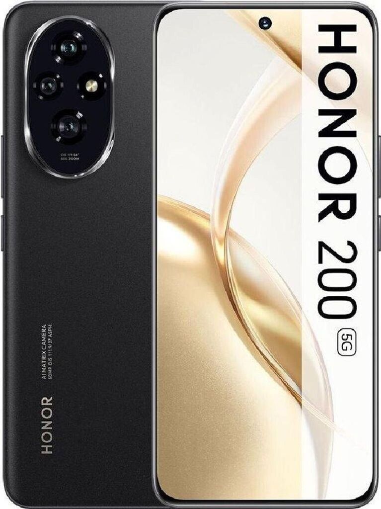A black HONOR 200 5G smartphone is shown from the front and back, with the screen displaying a gold abstract pattern.
