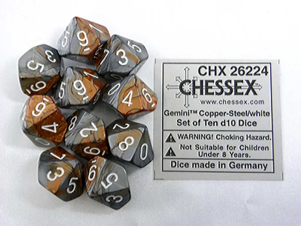 Dés de Jeu de Rôle - Set de 10 dés D10 Chessex Gemini Cuivre Acier