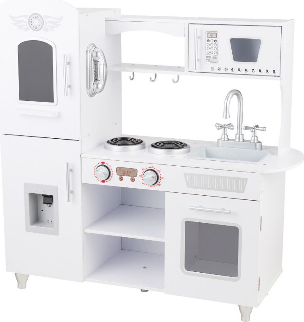 4iQ Große Spielküche Spielzeug Küche aus Holz für Kinder TinyTotsKitchen Weiß 85,5x32x88,5 cm mit Zubehör und Kühlschrank