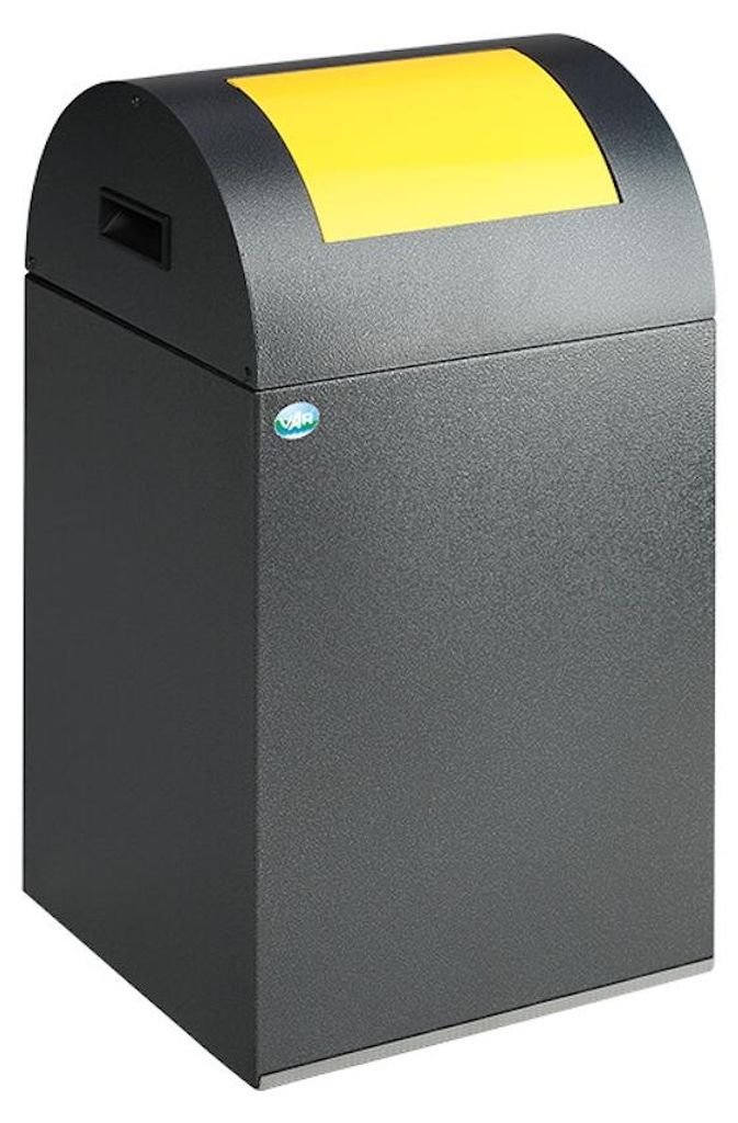 Selbstlöschender Wertstoffsammler rund mit Einwurfklappe | 43 Liter, HxBxT 60x32x32cm | Verzinkter Stahl | Grau-Gelb