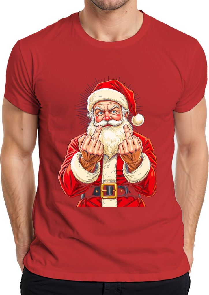 Frecher Weihnachtsmann Mittelfinger Sarkastisch Lustig Geschenk Herren T-Shirt, Rot, XL