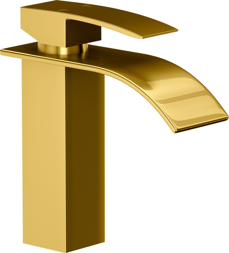 Granitan | ELVA Waschtischarmatur Gold | Niedriger Wasserfall-Mischer aus Messing | Moderne Badarmatur mit Keramikkartusche | 19 cm Höhe