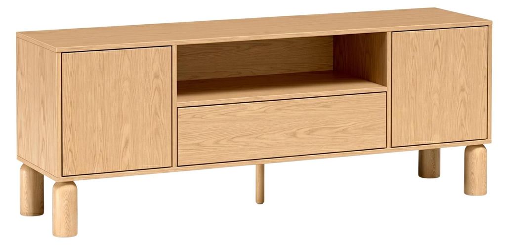 TV-Lowboard - 160 x 62 cm - Bookmatch Eiche - Skandi Design - TV-Board mit Schublade und Fächern - Holzfüße - SANDEN