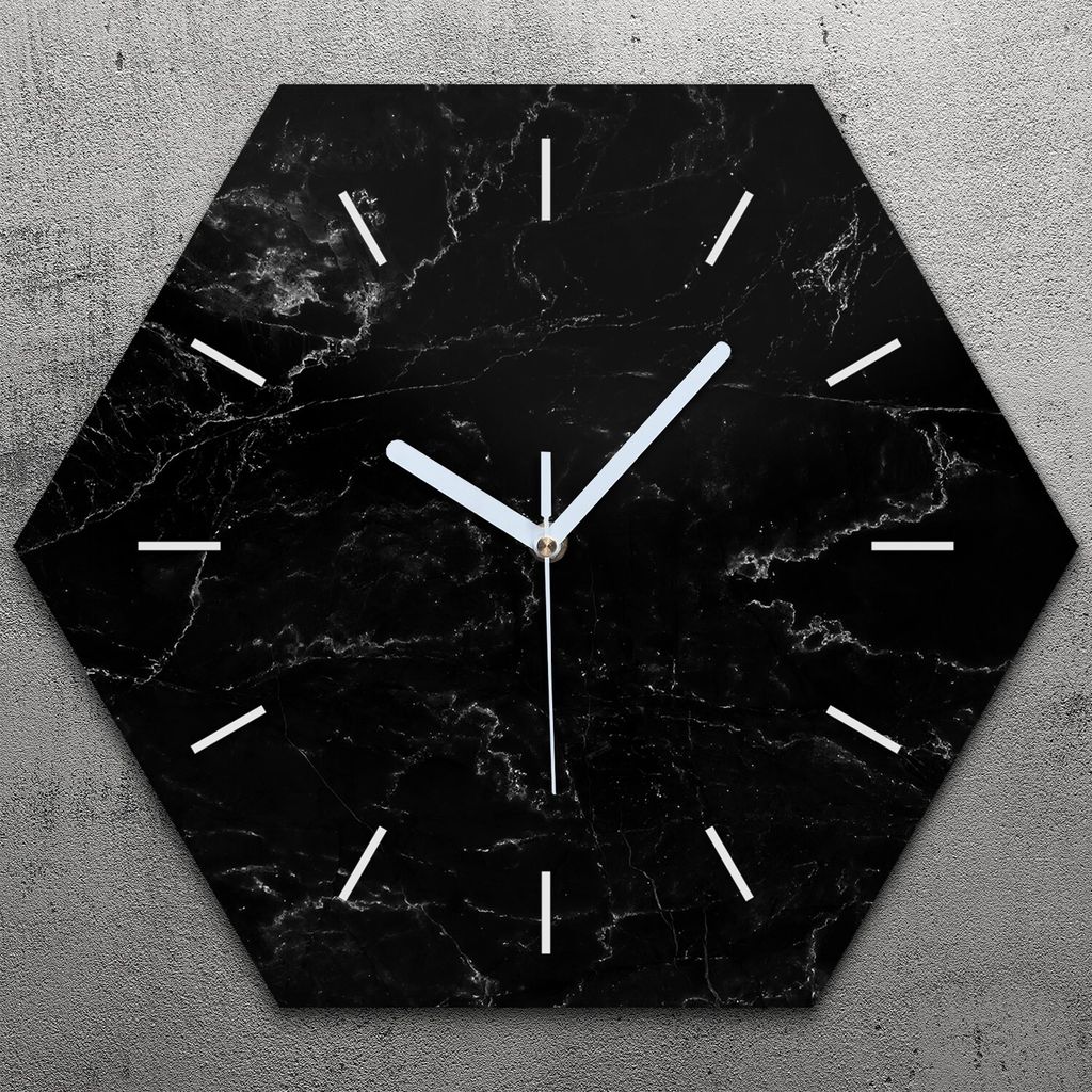 Uhr hexagonal 40 cm Glas Geräuschlos weiße Zeiger - schwarz Marmor