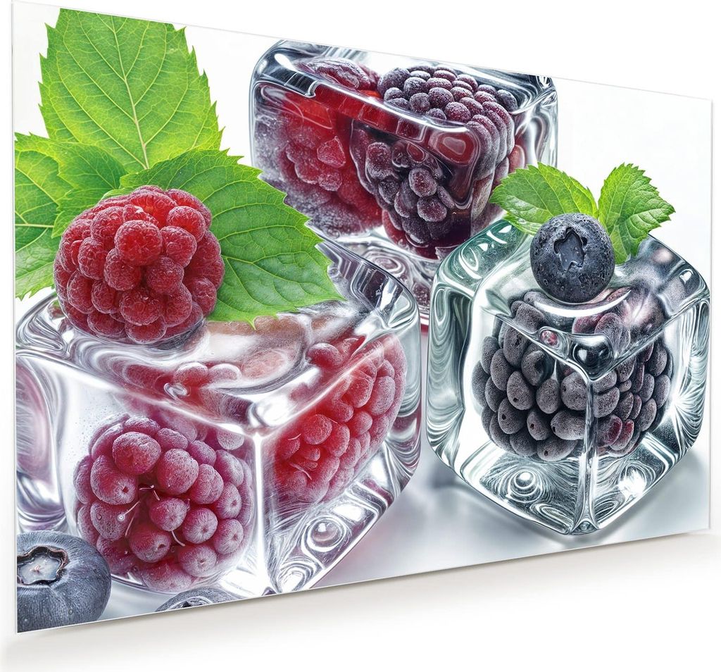 Glasbild 45x30cm in XXL für Wohnzimmer, Schlafzimmer Motiv Eiswürfel Beerenmix