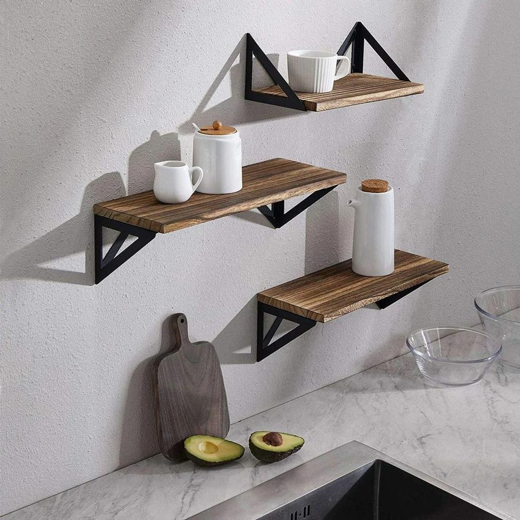 FATIVO 3er Set Wandregale 42/33/25 cm–Vintage Wandboard Holz/Metall für Wohnzimmer, Bad, Küche, Flur