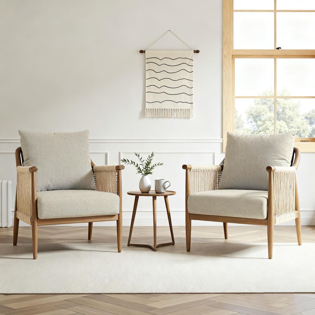 FLEXISPOT 2er Set Gartenstühle handgeflochten, Boho Rattanstuhl für Indoor & Outdoor, Atmungsaktives Design mit komfortablen Kissen, Beige