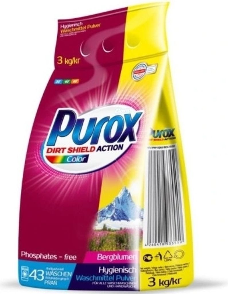 A bag of Purox laundry detergent with a mountain landscape on it.