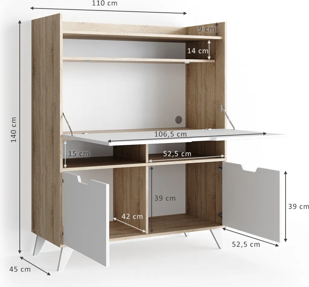 Secrétaire Vicco Berdi Sonoma 110cm - Bureau Compact Effet Bois Chêne - 3
