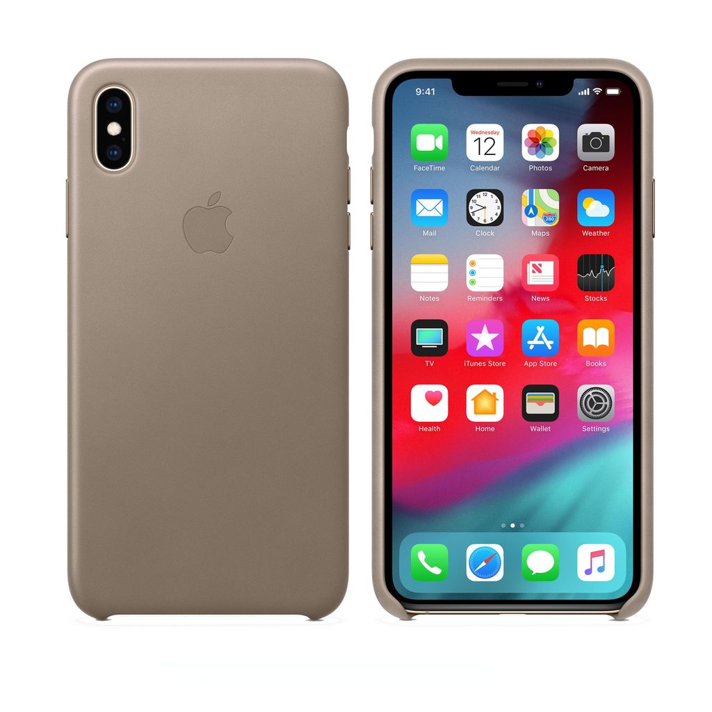 A product shot of an iPhone Xs Max case, showing both the back and front of the phone with the case on.