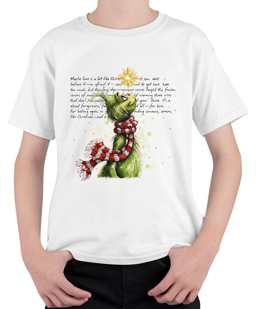 Maybe love is a lot like Christmas Grinch Weihnachten grün Stern Uni Kinder T-Shirt, Weiß, 104