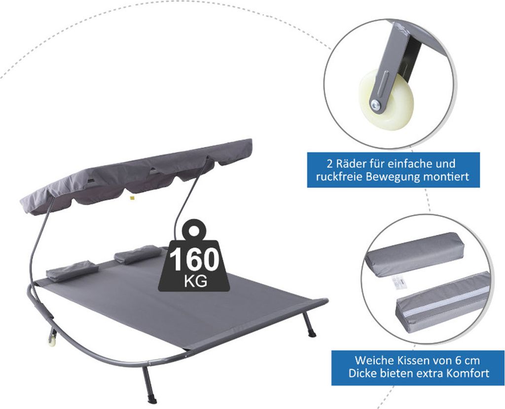 Outsunny Doppelliege Sonnenliege Relaxliege rollbar mit Produktbild 11