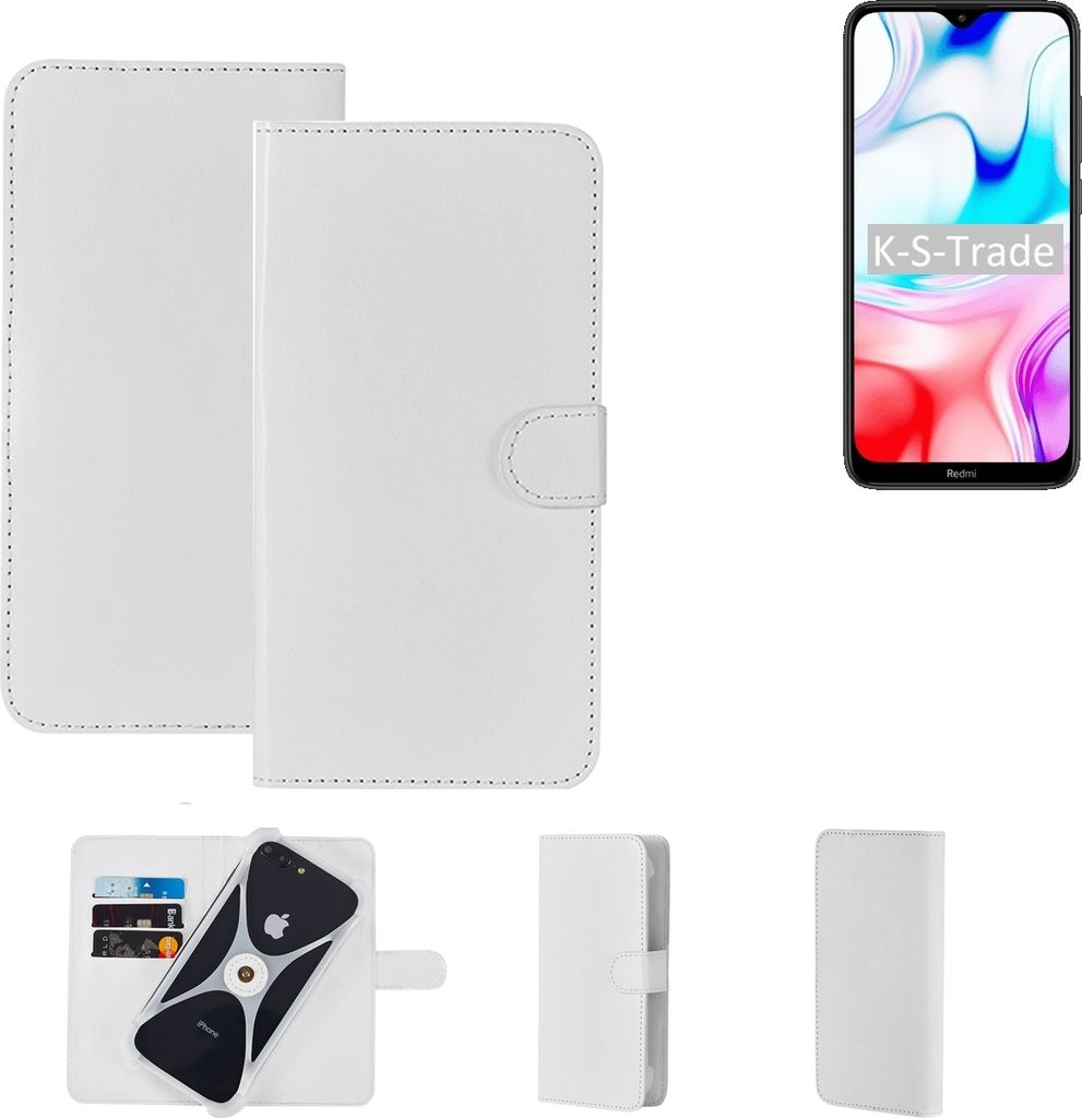 K-S-Trade Handy Hülle Schutz Hülle kompatibel mit Xiaomi Redmi 8 Cover Case Bookstyle Bumper weiß 1x