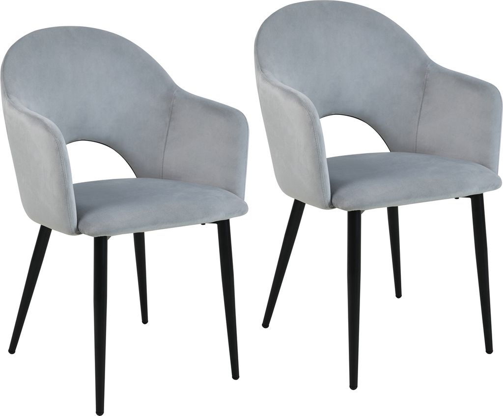 Two gray upholstered chairs with black legs are shown against a white background.