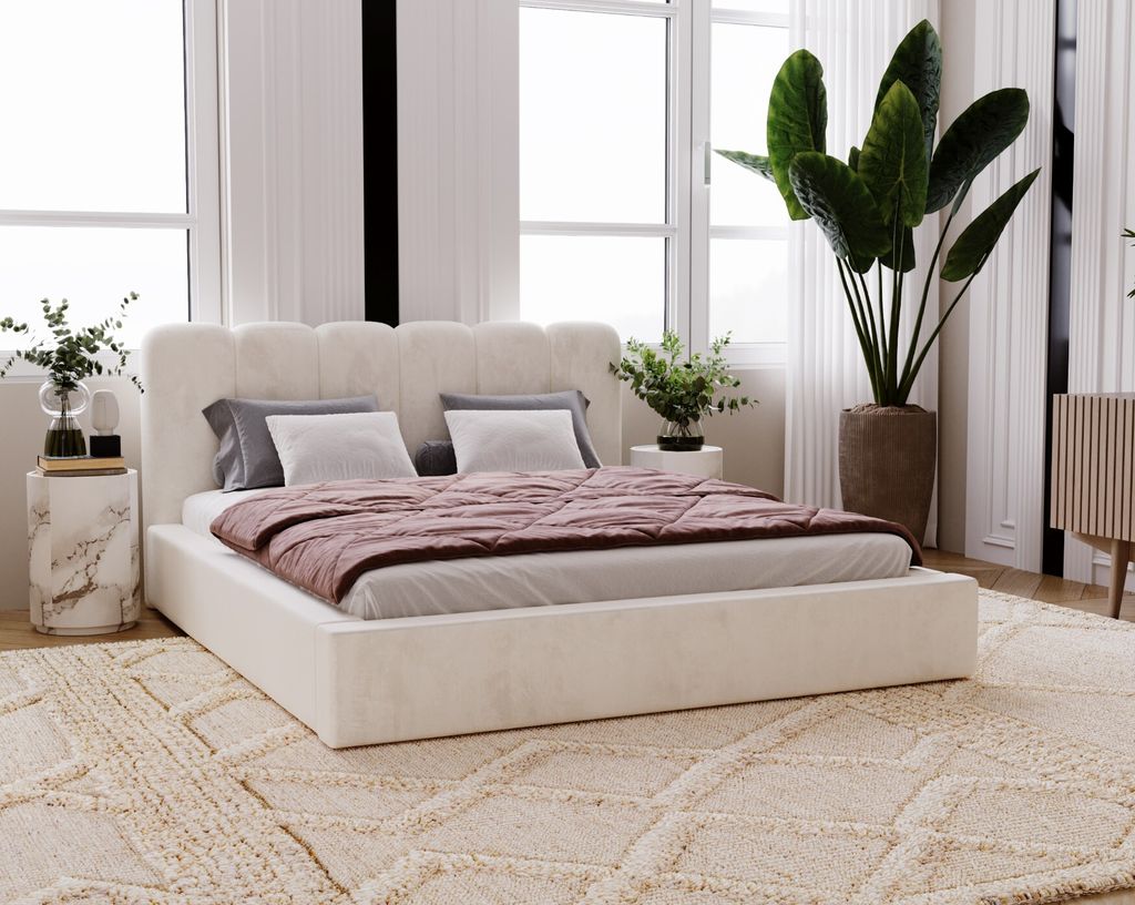 ADIDAR Premium Polsterbett Mido 180x200 cm - mit Metallrahmen, Bettkasten & Lattenrost - Creme (Amor Velvet 4323)