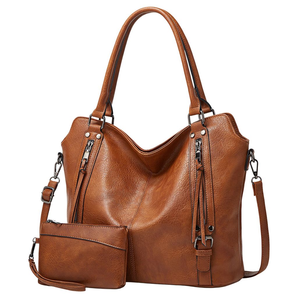 2-teilige Handtasche Damen, Kunstledertasche, Groß Henkeltasche, Vegan Umhängetasche, Braun