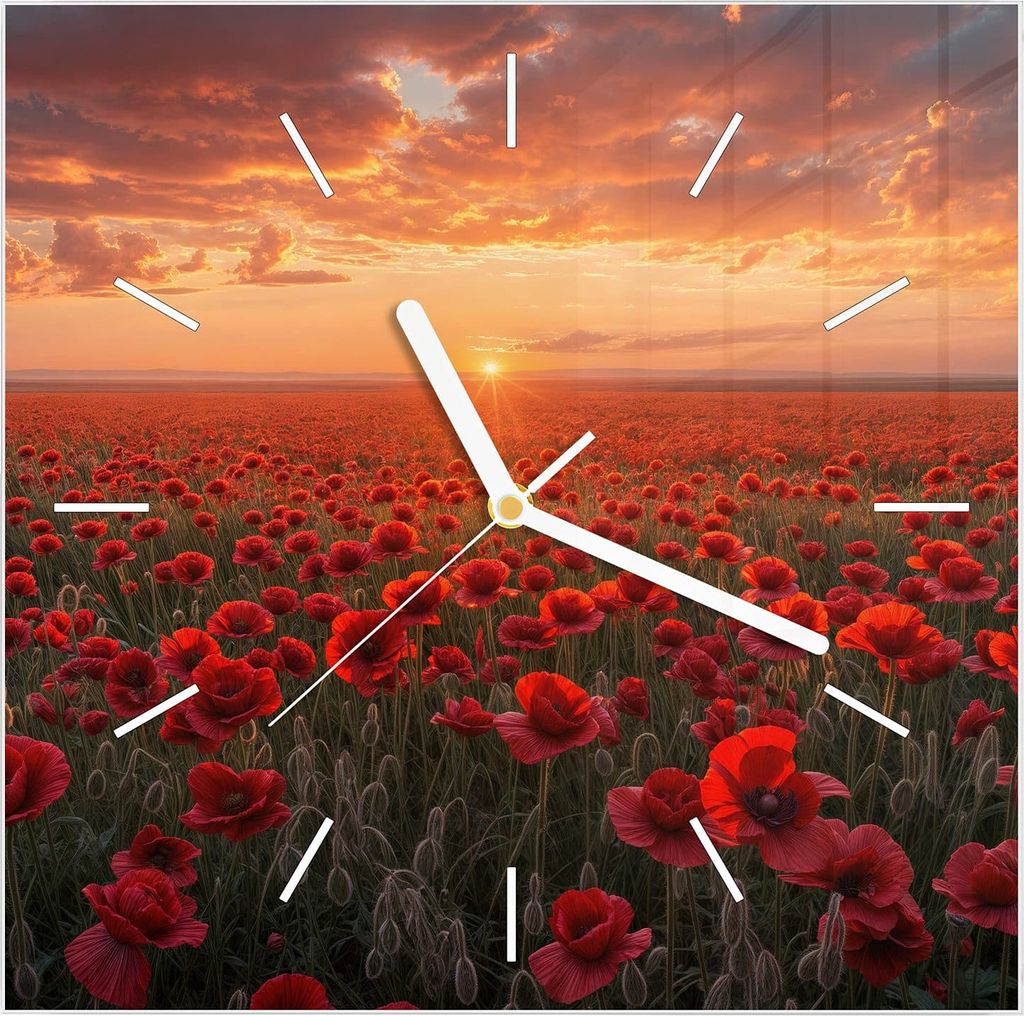 Wanduhr aus Glas mit Motiv Mohnfeld Sonnenuntergang- 30 x 30 cm - inkl. Aufhängesystem