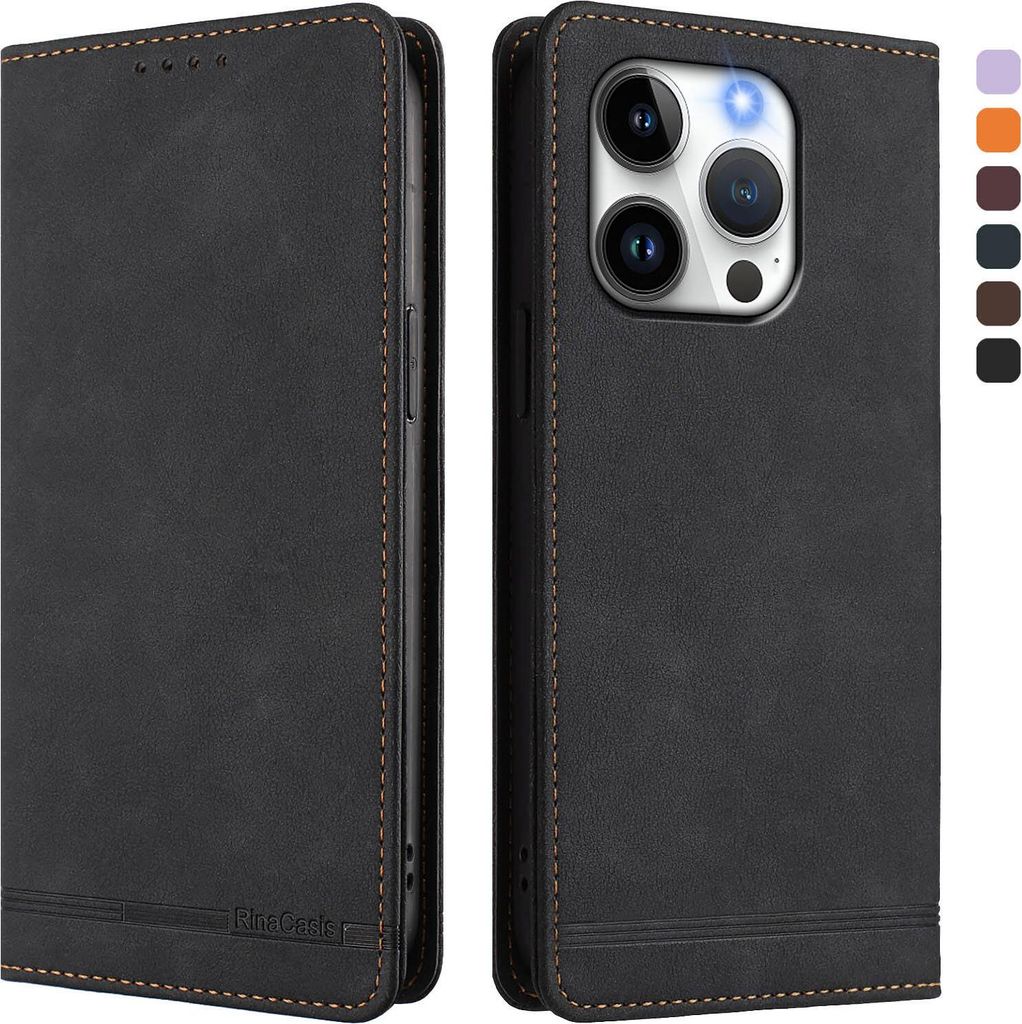 Hülle für iPhone 14 Pro, Retro Kunstleder Ständer Klapphülle mit Kartenfächer und Magnetische Schwarz