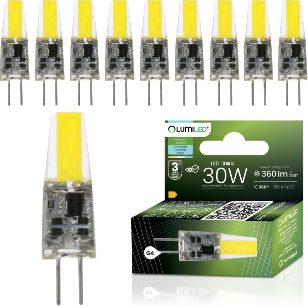 LUMILED 10 Stück G4 LED Leuchtmittel Kaltweiß 3W ersetzt 30W 360lm 6500K 360° 12V AC/DC Kein Flackern Stiftsockellampe Nicht Dimmbar 10er Pack C...