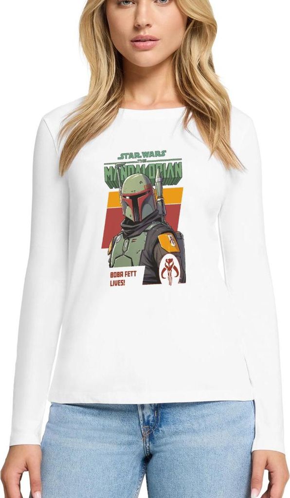 Star Wars: Mandalorian Boba Fett Lives Motiv Premium Langarmshirt Damen, M, Weiß
