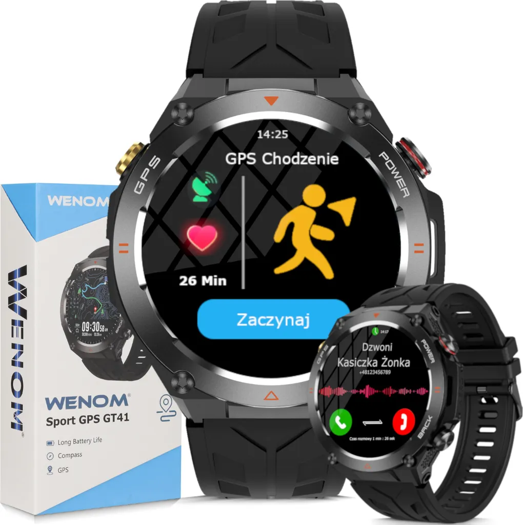 Montre connectée homme autonomie GT-41 noire avec GPS sport fiable
