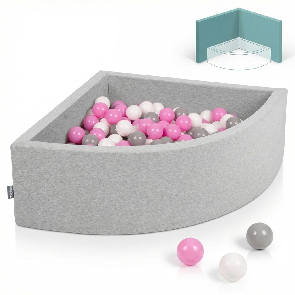 KiddyMoon Kinder bällebad Ecking 90x30cm mit 300 Bunte Plastikbälle ∅7cm - Für Baby spielzeug Bällepool Rund Bällebäder schaumstoff - Hellgrau