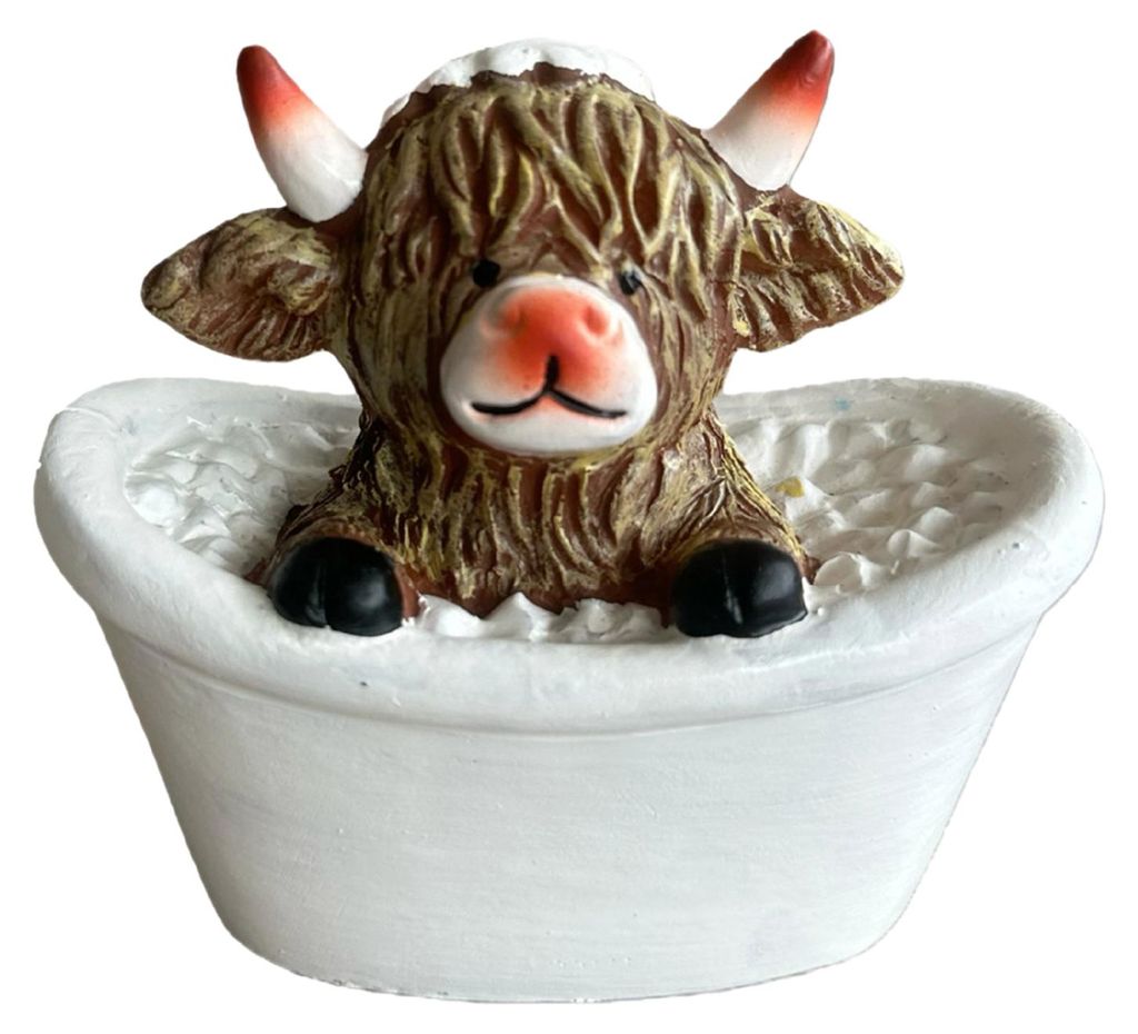 1/3-teilige Badezimmerfigur eines Hochlandrindes beim Baden, Lesen eines Buches, Toilettenpapier, Kunstharzstatue, Skulptur, Dekoration, Ornament, ...